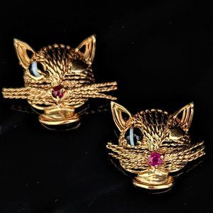 WEINMAN BROTHERS Set Two Winking Cat Brooches Pin Agate Gemstone 14k Yellow Gold